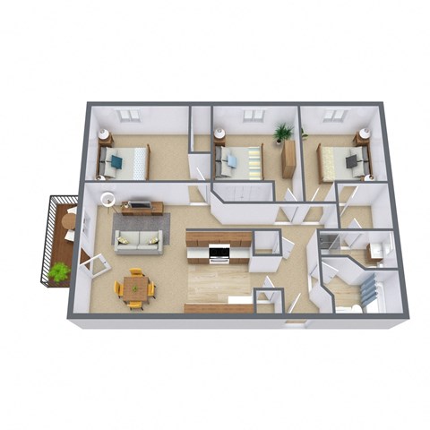 Floor plan for 3 beds, 1.8 baths, 925 sqft
